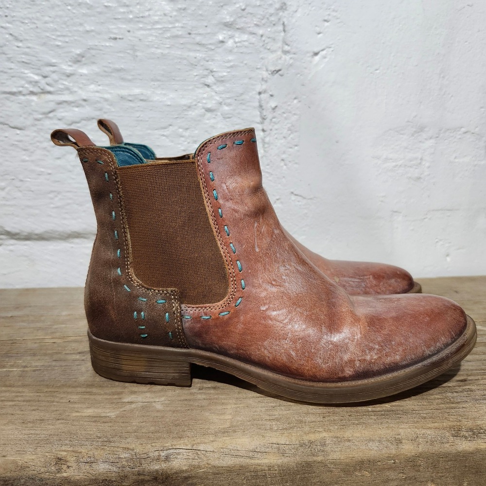 Women’s Brown Leather Chelsea Ankle Boots with Turquoise Stitching